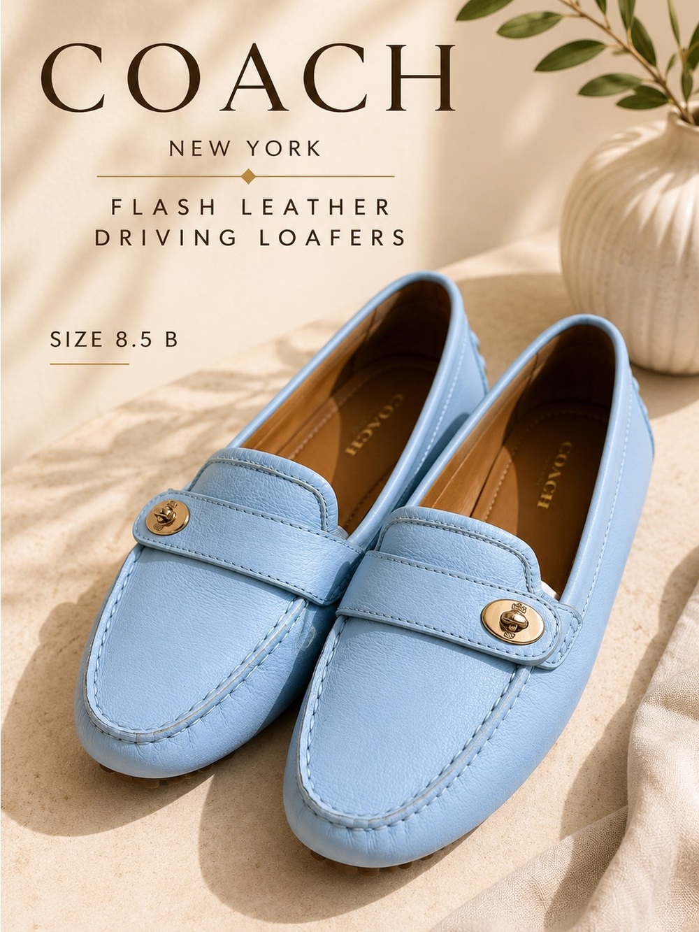 Coach Flash Leather Driving Loafers Sky Blue Size 8.5B - Picture 1 of 8